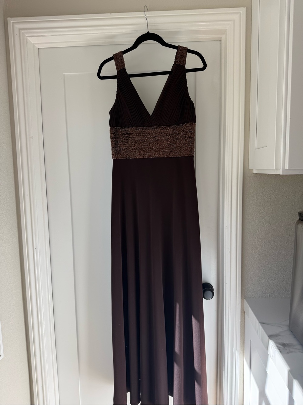 JS Boutique Chocolate Brown Maxi Dress with Metallic Waistband